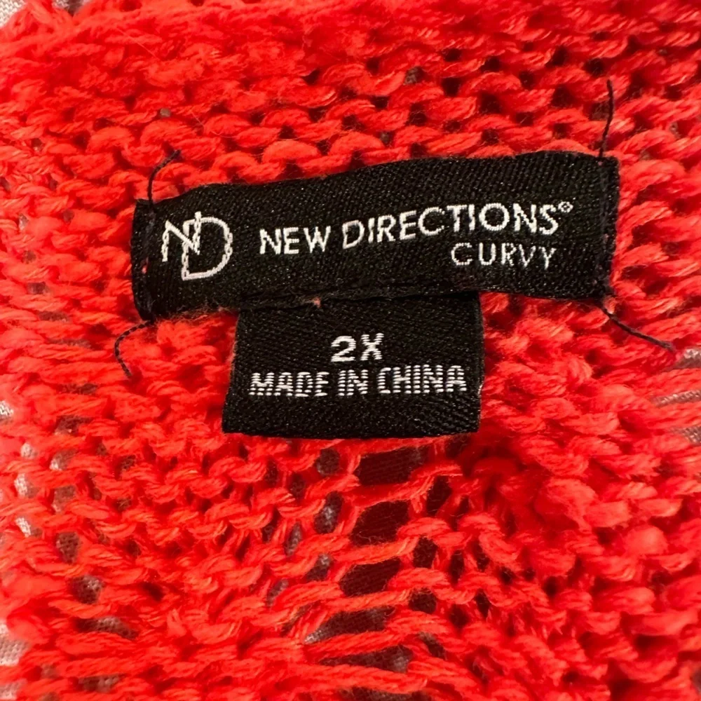 New Directions Long Open Knit Cardigan Coral Red 2X